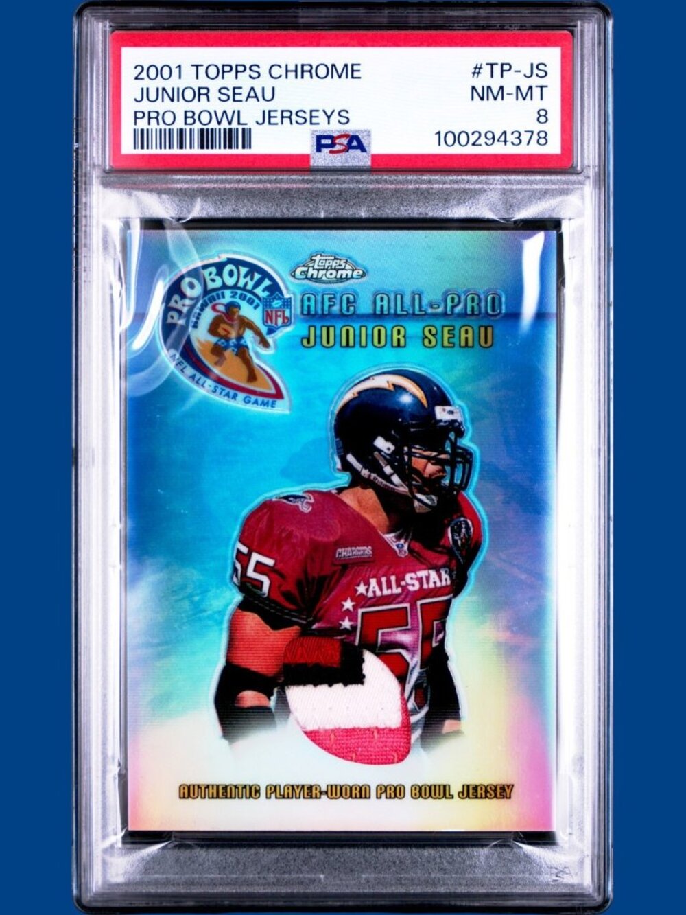 PSA 8 2001 Topps Chrome Refractor Junior Seau Pro Bowl Worn Jersey #TP-JS